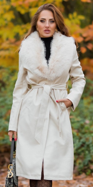 leather look Winter Coat with faux fur details Beige